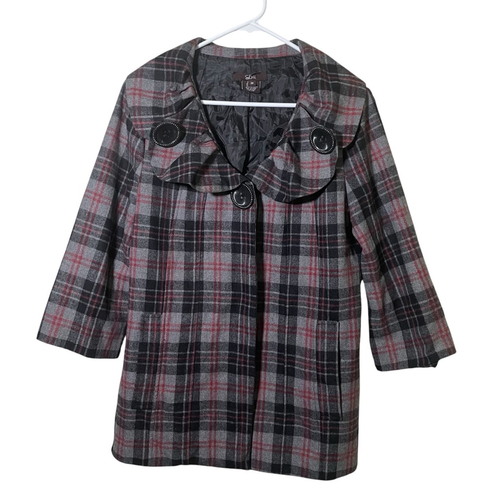 Luii Anthropologie Wool Blend Red/Gray Plaid Front Button Coat